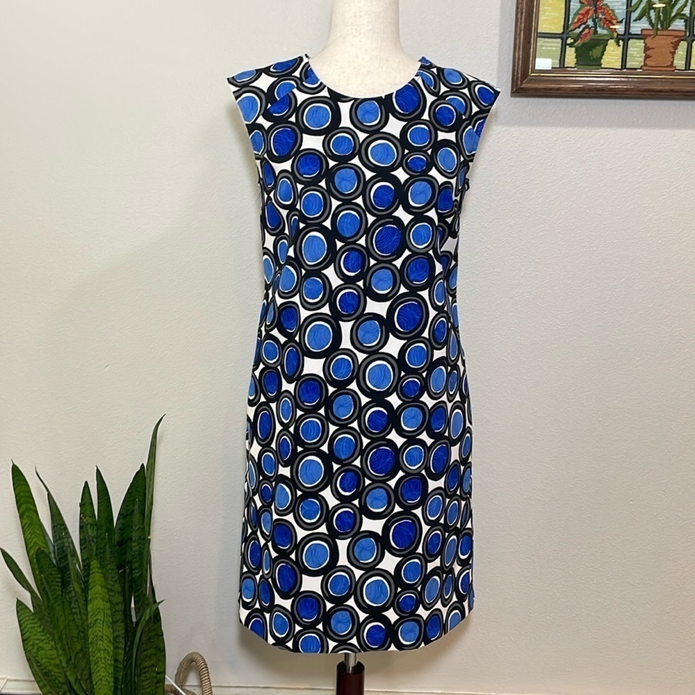 Women’s Ladies Blue White Black Circle Spiral Design Sleeveless Dress Size 6
